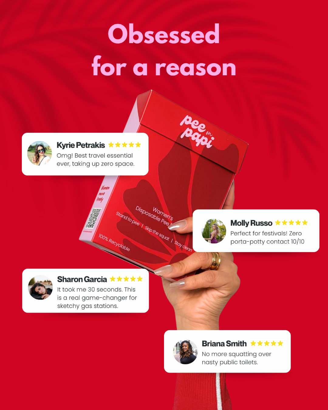 A hand holding a red box of disposable pee funnel, Pee Papi condoms against a red background with promotional text and four customer review cards.