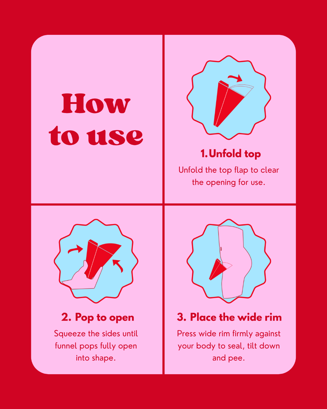 Instruction graphic titled 'How to use' showing four steps for using a disposable pee funnel for woman, on a pink and red background. The steps include unfolding the top flap, popping it open, placing the wide rim, and sealing it against the body.