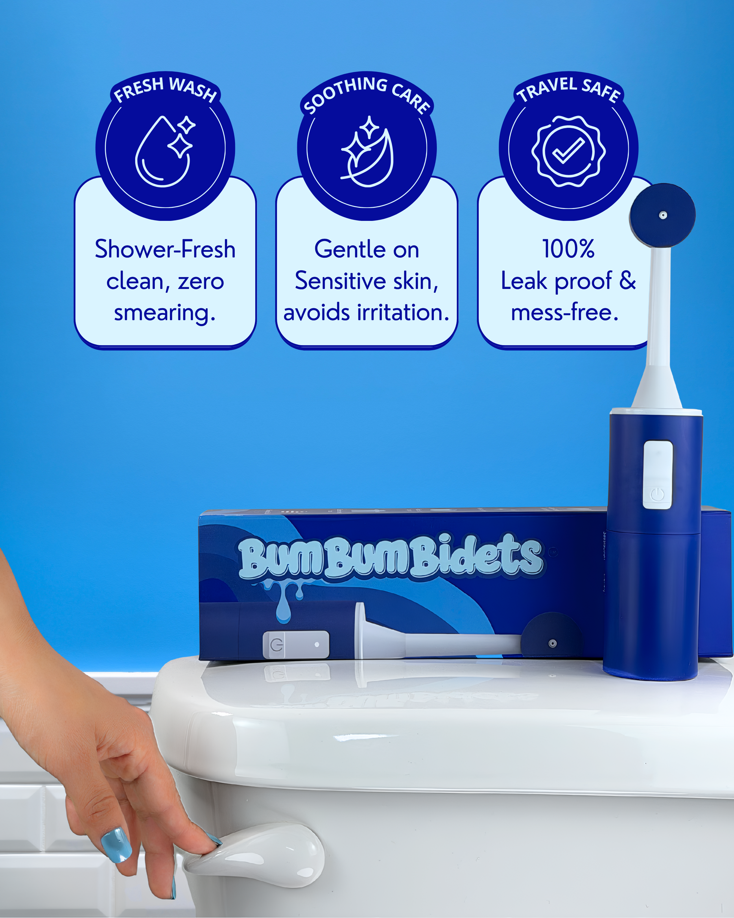 blue portable bidet shoing its benefits on toilet
