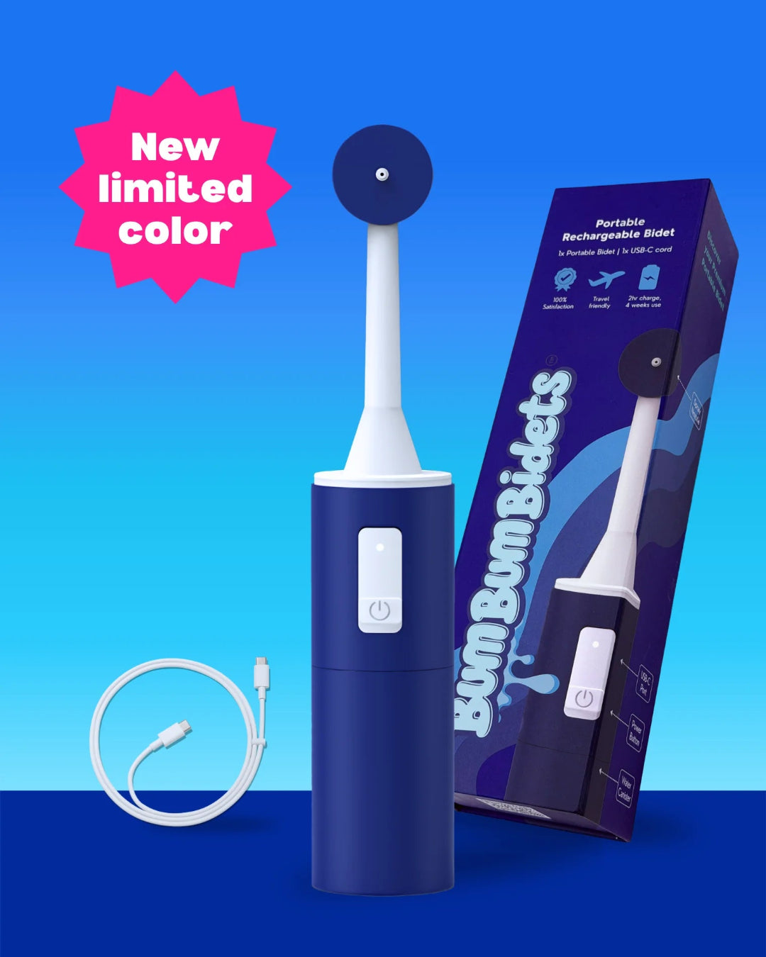 blue portable bidet shoing its ubs-c cord and box