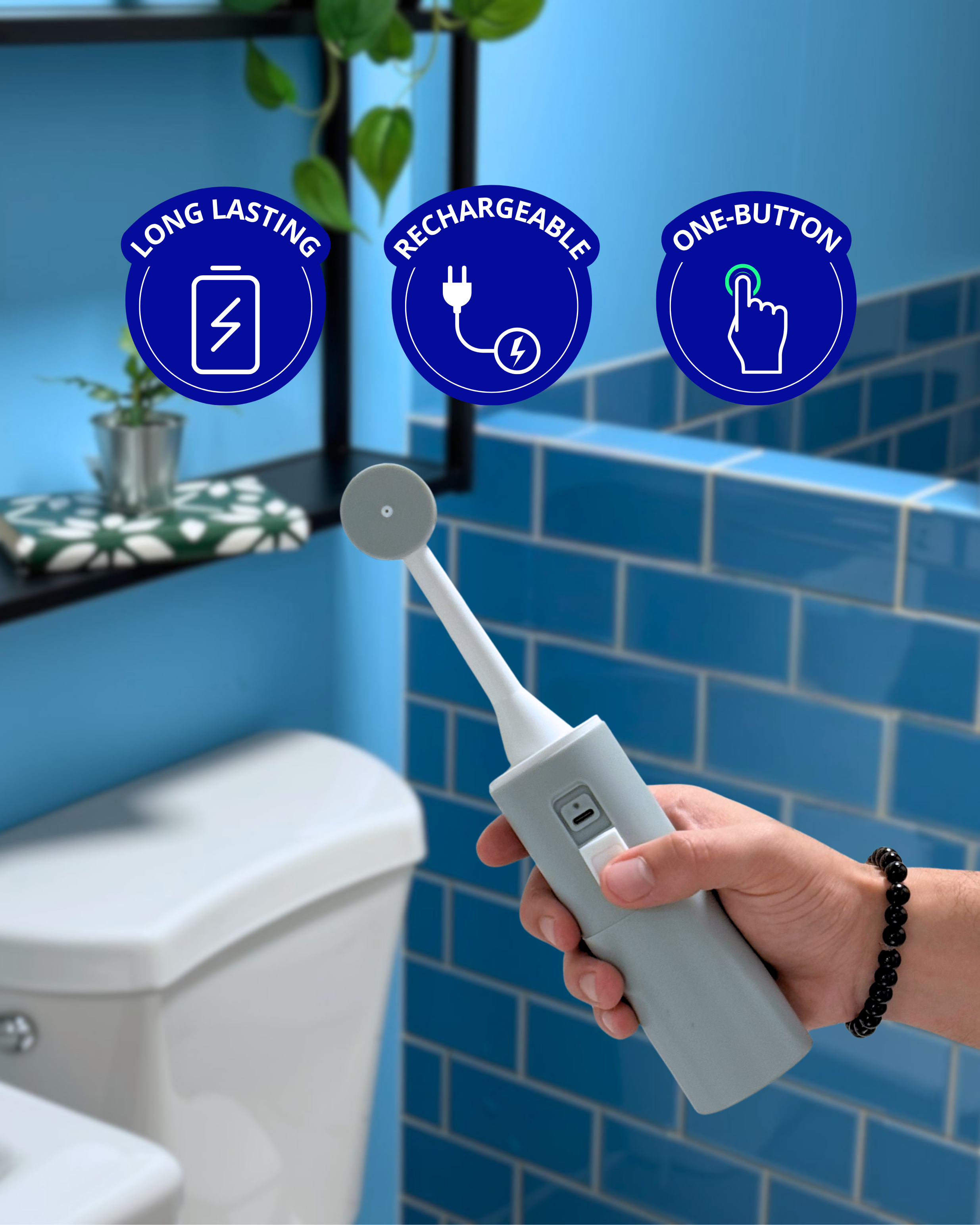 Portable bidet being used in bathroom showing its USBC port
