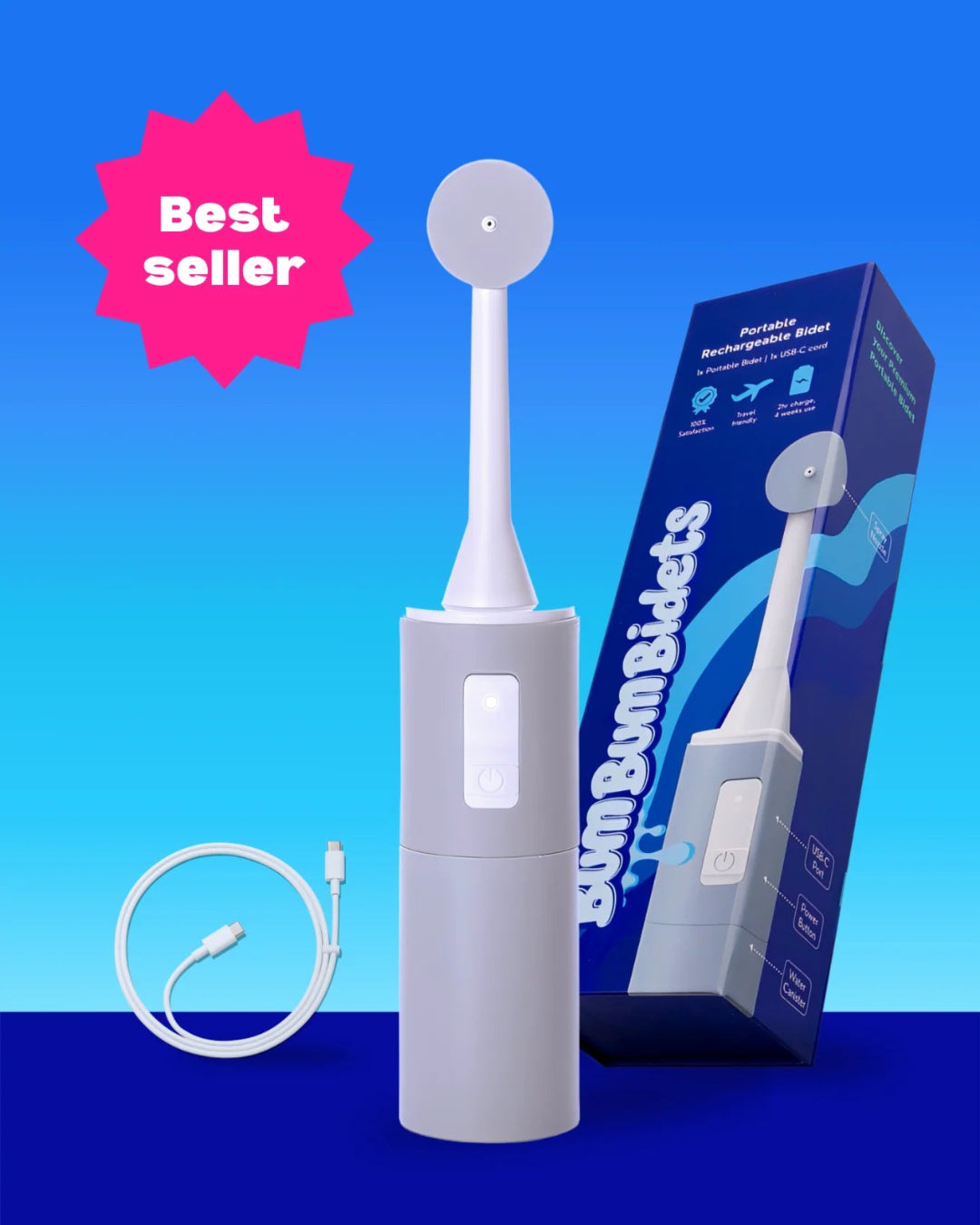 White electronic portable bidet with charging cable and packaging on a blue background, labeled 'Best seller'.