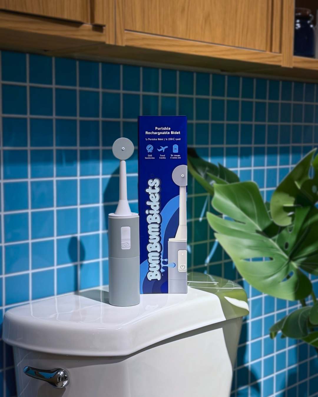 Portable bidet standing next to toilet for size comparison
