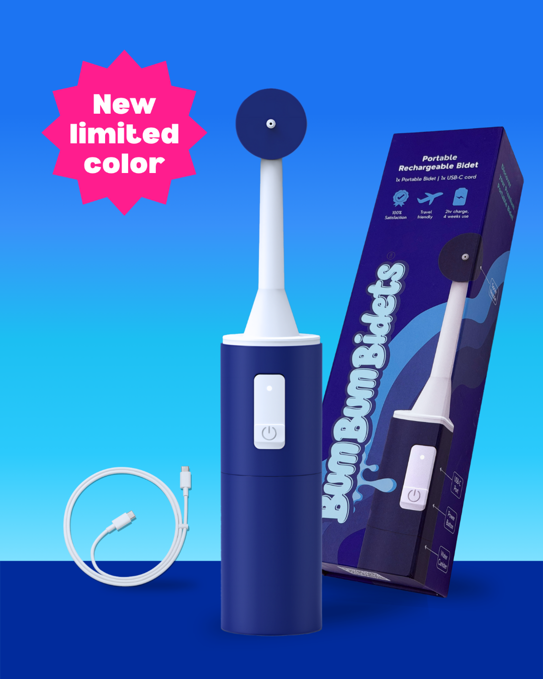 Blue portable bidet with packaging and cable on a blue background