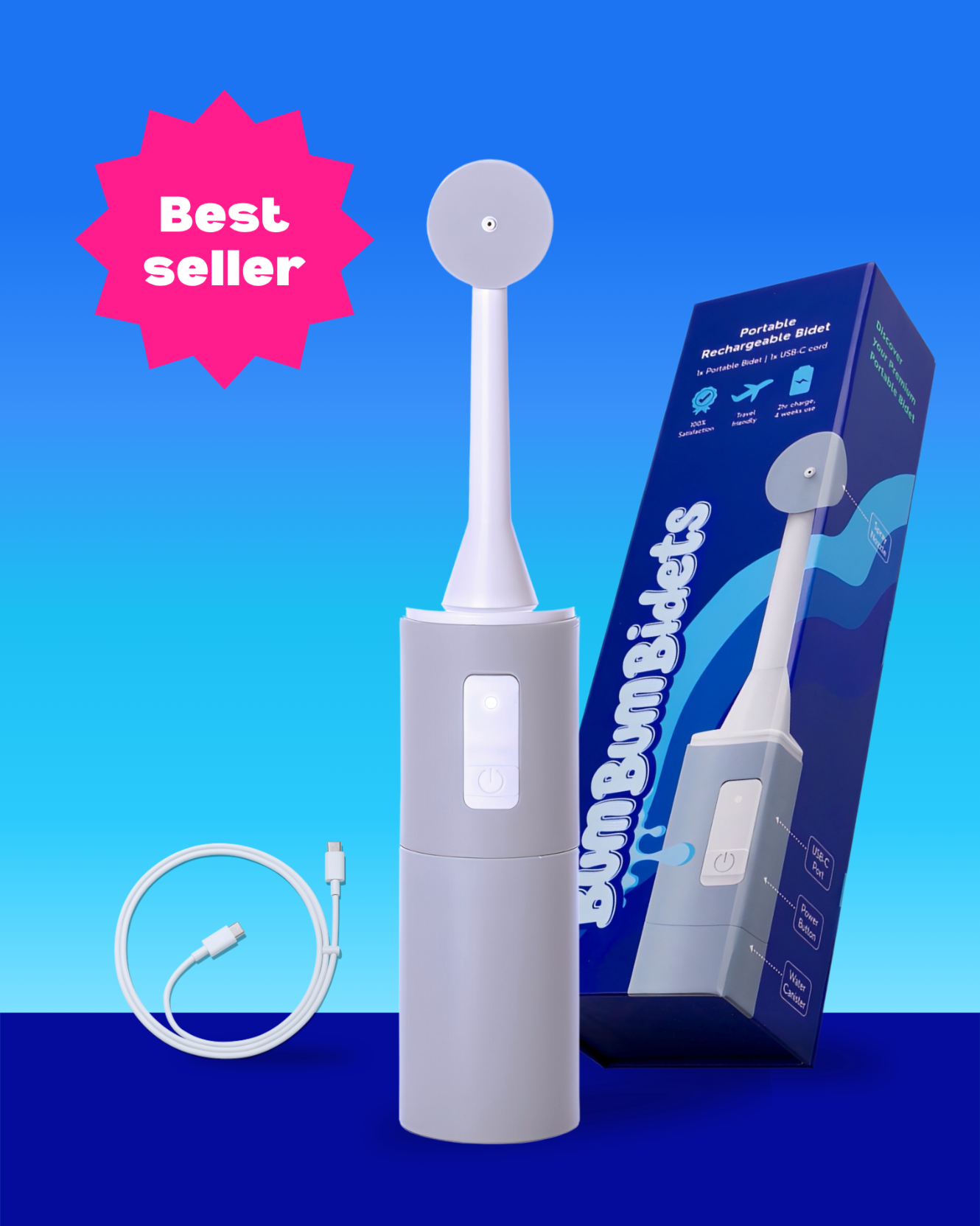 Portable rechargeable bidet with USB-C charging cable and retail packaging
