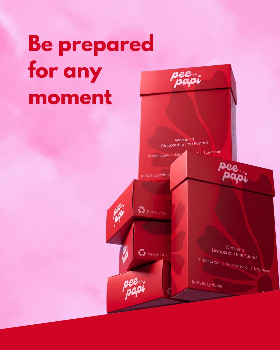 A stack of red Pee Papi disposable pee funnel boxes on a pink background with the text 'Be prepared for any moment'.