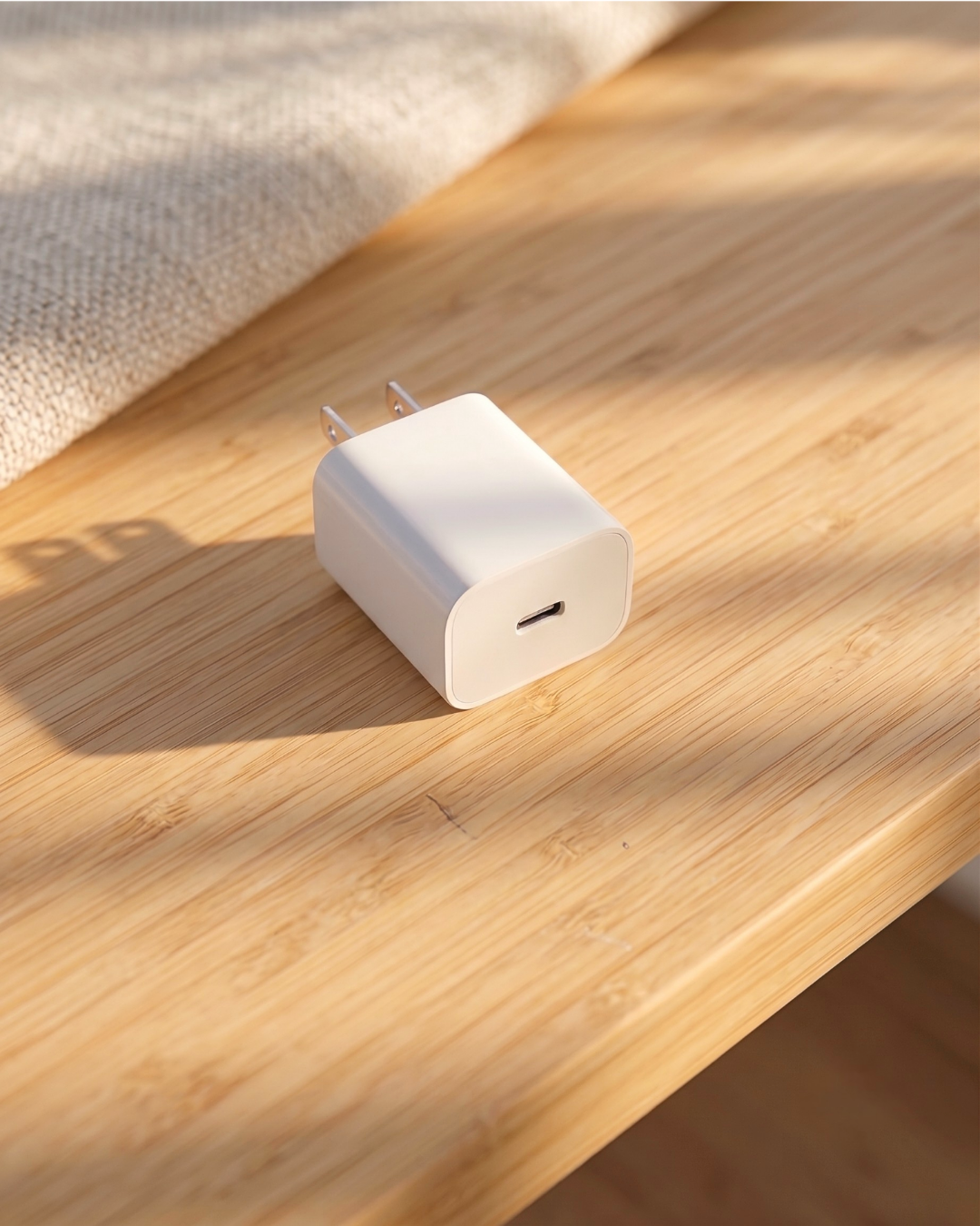 A compact white USB-C wall charger with two metal pins, resting on a light wood tabletop with soft natural shadows.